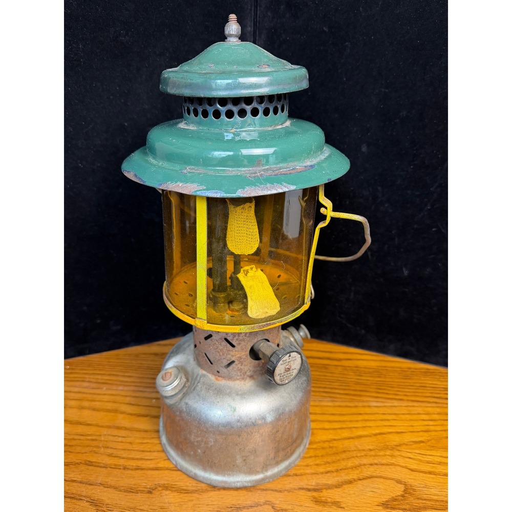 Vintage Coleman Lantern: Green Enamel, Amber Globe. Made in USA, Camping Light